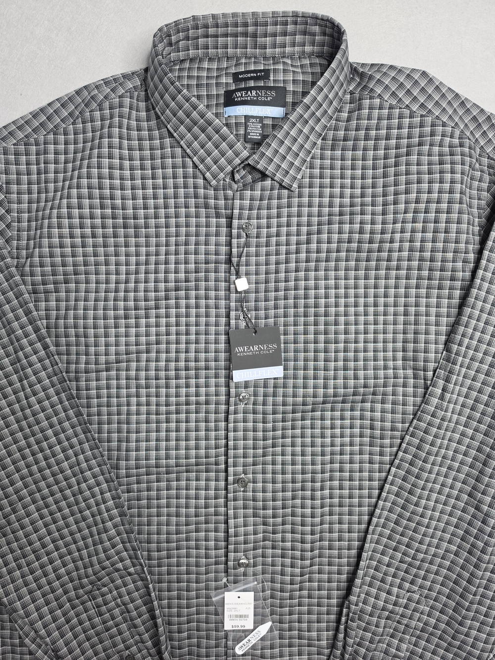 Kenneth Cole Men's  Awearness Chillflex Gray Plaid Dress Shirt 2XLT NWT